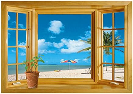 Winhappyhome Summer Beach Scene Fake Window Wall Stickers for Bedroom Living Room Coffee Shop Background Removable Decor Art Decals