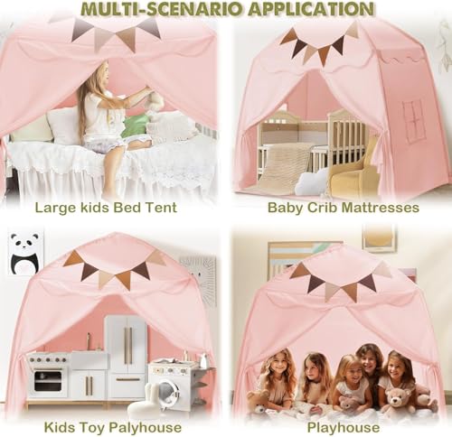 Last Page® Extra Large Toddler Bed Tent & Kids Play Tent Bed Tent with Flags & Star Lights, Portable & Foldable Teepee, Indoor Outdoor Dome Tent Playhouse,Pink