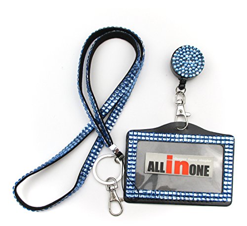 ALL in ONE Rhinestone Lanyard Bling Crystal Necklace + Badge Reel + Horizontal Card Holder for Business Id/key(BLUE)