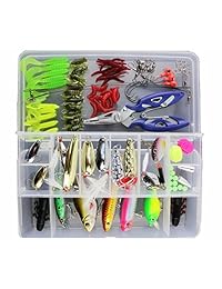 KMBEST señuelos de pesca mezclados, incluyendo señuelo duro, cebos de cigüeñal VIB, señuelos flotantes de buceo, plástico suave, cucharas de gusano, otros señuelos de agua dulce con caja de aparejos