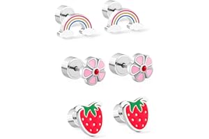 NEWZENRO 20g Strawberry Flower Rainbow Tiny Small Stud Earrings for Women Girls Cartilage Tragus Sensitive Ear Flat Back Stainless Steel Hypoallergenic Sleeper Piercing Fashion Jewelry 3 Pairs Set