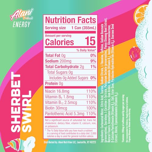 ALANI NU SHERBET SWIRL SUGAR FREE, LOW CALORIE ENERGY DRINKS, 200MG CAFFEINE, BIOTIN B VITAMINS, ZERO SUGAR, 10 CALORIES, 12 FL OZ CANS, 24 PACK