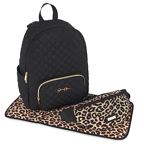 Jessica Simpson Black Quilted Diaper Bag Backpack with Insulated Pockets, Portable Changing Pad, Stroller Straps, Fanny Pack 3 Pc. Set (Camilla (With Fanny Pack))