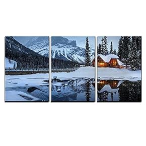 Winter Landscape with Cabin Hut at Night x3 Panels