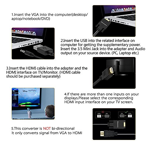 VGA to HDMI, Urgod VGA Male to HDMI Female Adapter with 1080P HD Video Converter Cord with 3.5mm Audio Cable & USB Power Cable For Old PC to New TV/Monitor/Projector with HDMI - Thumbnail 4
