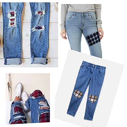 ZEFFFKA Premium Quality Plaid Fabric Textile Decorative Iron on Patches Modern Cool Design 4 Pieces 100% Cotton Repair Kit for Jeans or Other Garment 5" by 7"