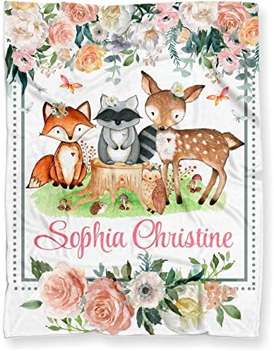 Personalized Minky Baby Blanket, Woodland Animals and Florals โ Custom Forest Animals โ Soft Newborn Blanket โ Pastel Nursery Decor โ Toddler Snuggle Blanket for Baby Girl (30" x 40", White on Back)
