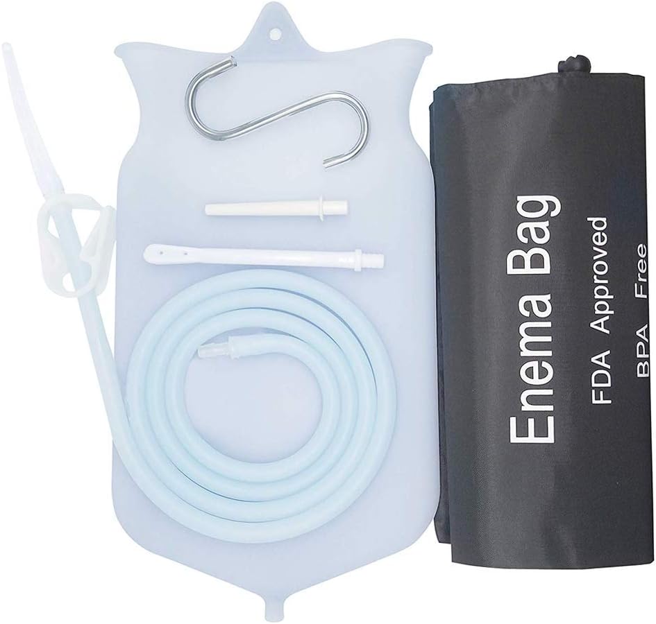 Abyclean Non-Toxic Silicone Enema Bag Kit BPA and Phthalates Free Anal Douche for Colon Cleansing with Hose, 3 Nozzle (2 Quart Transparent)
