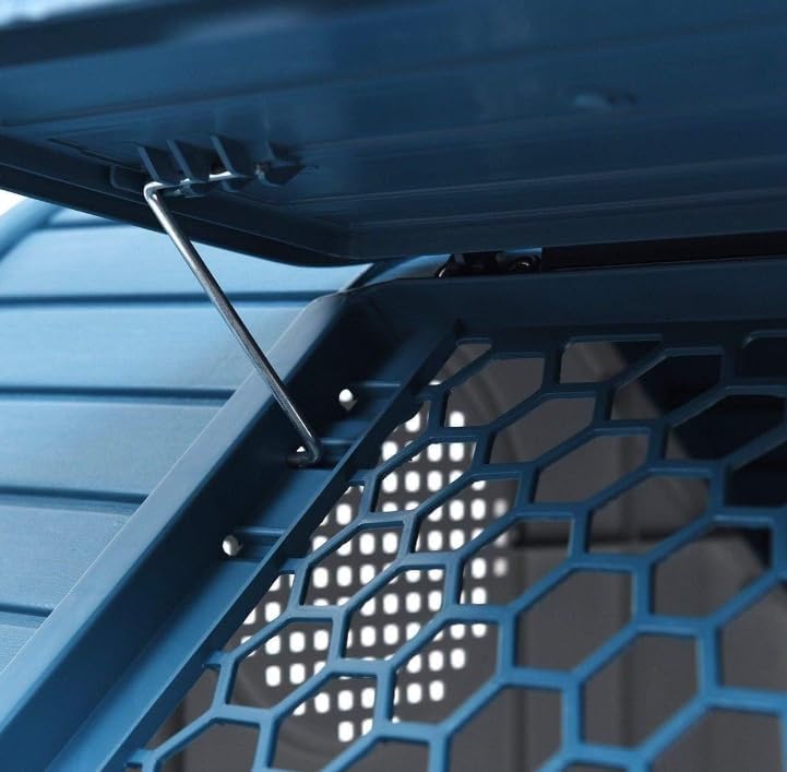 - Caseta para Perros Medianos con Techo Solar Ajustable y WC. Uso Interior y Exterior con respiraderos. Material Resistente. 87x72x75cm. Azul y Blanco.