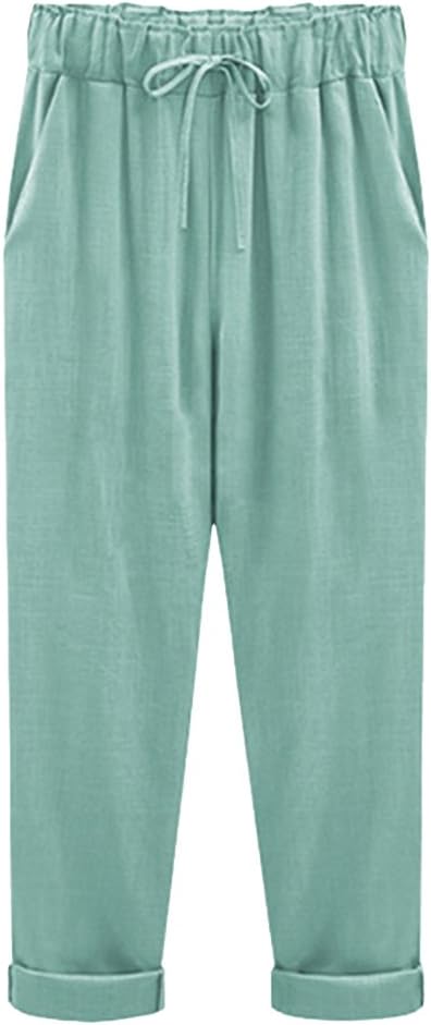 Qitun Women's Casual Elastic Waist Light Cool Linen Summer Ankle Length Trousers with Drawcord