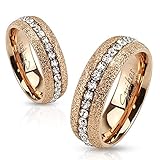 STR-0195 Glittery Rose Gold IP Over Stainless Steel Ring with Clear Color CZ Center