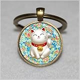 Lucky Cat Keychain Pink and Blue Flower Blossom Keychain,Maneki Neko Good Luck Keychain，Unique Key Ring Customized Gift，Everyday Gift Key Chain