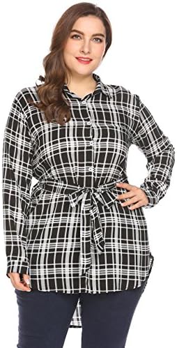 Involand Women Roll Up Sleeve Plaid Button Down Shirts Casual Tunic Blouses Plus Size Tops(16W-24W)