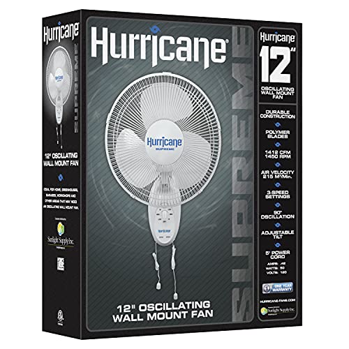 Hurricane Supreme 12 Inch Oscillating Wall Mount Fan with 3 Speed