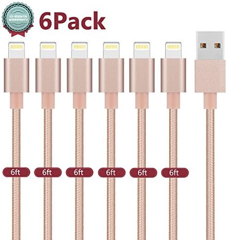 iPhone Charger, Bestfy Lightning Cable 6Pack 6FT Nylon Braided 8Pin Lightning iPhone Charging Cable Cord for iPhoneX 8 8Plus 7 7Plus 6s 6sPlus 6 6Plus iPhone5 5s 5c SE iPad iPod &amp; More (Gold)