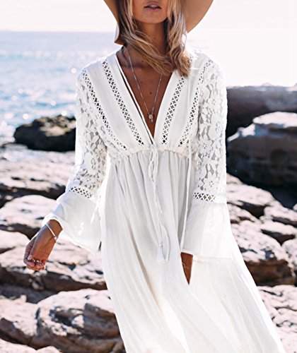 Asskdan Damen Spitze Strandkleid Lang V-Ausschnitte Langarm Hohe Taille Sommerkleid Mit Gürtel – Bild 3
