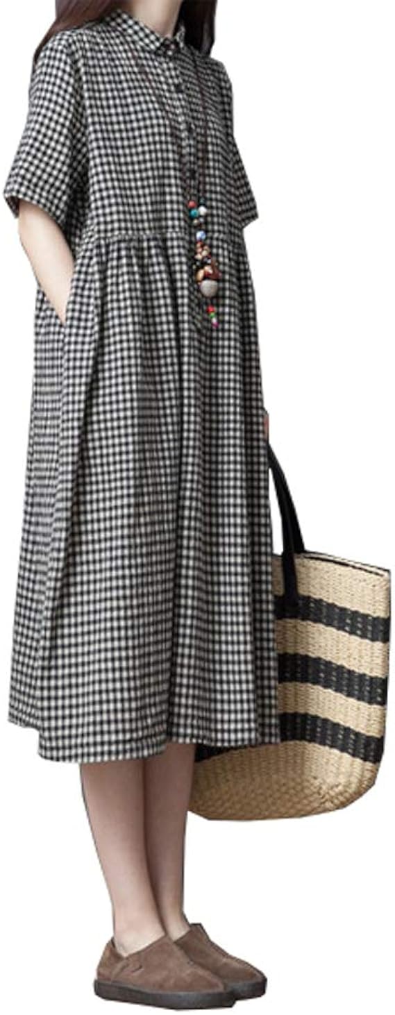 Amazon Sruq 夏 半袖 ワンピース レディース ロング丈 シンプル 無地 ロングワンピース チュニック マキシ丈 トップス 大きいサイズ ゆったり コットンリネン 体型カバー 着痩せ お洒落 旅行 ワンピース チュニック 通販