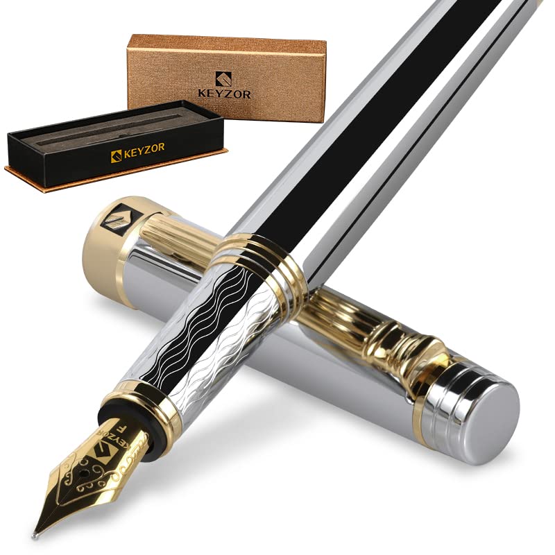 KEYZOR Sliver Chrome Fountain Pen Set For Writing,Refillable Ink Converter, Luxury Pen with 24K Gilded Fine Nib, Fancy Pen Set with Premium Gift Box for Men,Journal Office Business