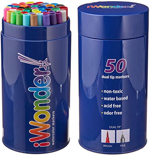 iWonder! 50 Colors Dual Tips Coloring Markers Set, Watercolor Brush Tip