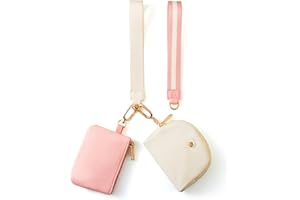 ZRRAJOY Mini Dual Pouch Wristlet Wallet for Women – Zip Around wristlet Keychain Wallet with 2 Wristlets, Ideal for Dog Walking, Coffee Runs & Lunch Break Essentials(Beige+Pink G)