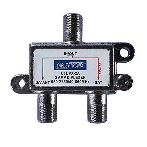 2-Way Diplexer 2-Amp Splitter Combiner 2 GHz 40-860 MHz 950-2250 MHz Commercial Grade DC Passive Both Ports Combines Signals from LNB Signal Satellite Off-Air Cable TV