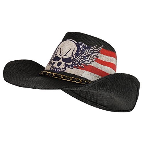 Armycrew US Flag Skull Wing Toyo Western Cowgirl Cowboy Hat with Metal Chain - Black