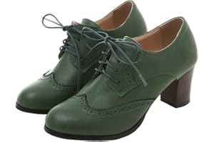SHEMEE Women's Chunky High Heels Wingtip Oxfords Round Toe Lace Up Stacked Block Heel Vintage Brogues Pumps Shoes