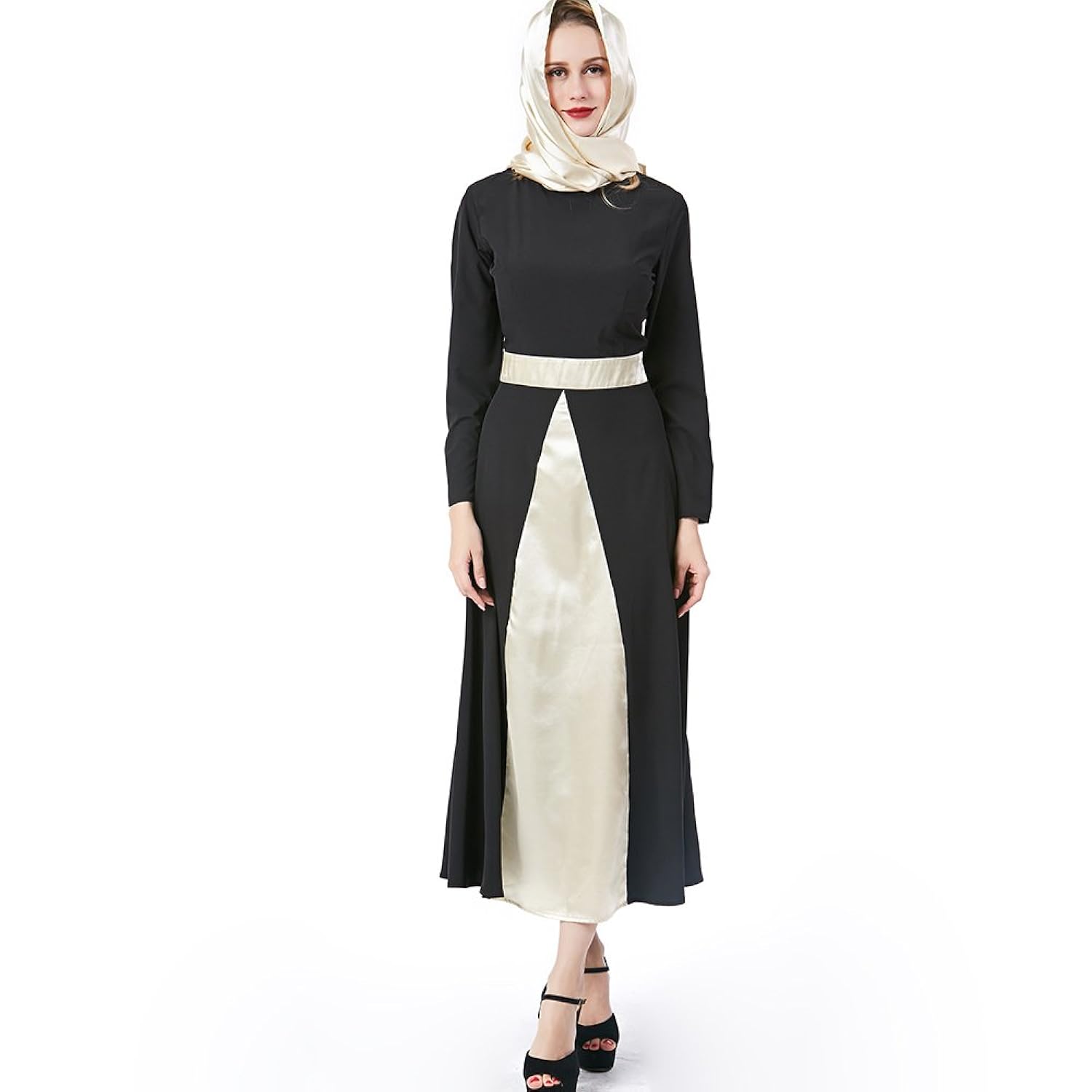 Beauty Garden Women Muslim Dress Patchwork Wear Kaftan Arab Islamic Ethnic Abaya Maxi Black Dress With Turban