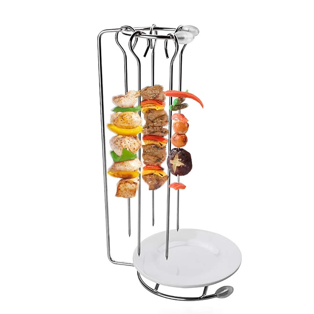 Calayu Barbecue skewers with stainless steel holder, grill needle with stand, reusable grill tools, 1 grill grate, 5 grill skewers, dishwasher safe