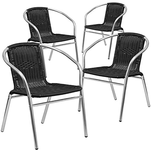 Flash Furniture 4 Pk. Commercial Aluminum and Black Rattan Indoor-Outdoor Restaurant Stack Chair