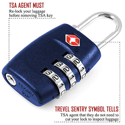 DanziX TSA Approved Lock and 4 Colors Stainless Steel Safety Tether,3-Dial Combination Travel Luggage Lock with Lanyard Security Cable for Protect Your Different Sizes of Suitcase,Baggage-Deep Blue
