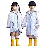 PERTTY Kids Rain Poncho Boys Raincoat Girls Durable Translucent Rain Cape, Outdoor Accessory for Travel, Picnic, Camping, Portable Rain Wear with Hat Hood Unisex for Children, Transparent (L)
