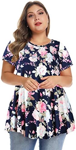 MONNURO Womens Short Sleeve Casual Loose Fit Flare Swing Tunic Tops Basic T-Shirt Plus Size