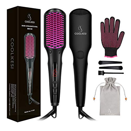 COOLKESI Ionic Hair Straightener Brush, Anti-scald Straightening Brush with Fast MCH Ceramic Heating, Adjustable Temperatures, Auto-Off & Dual Voltage, Portable Straightening Comb for Home, Travel