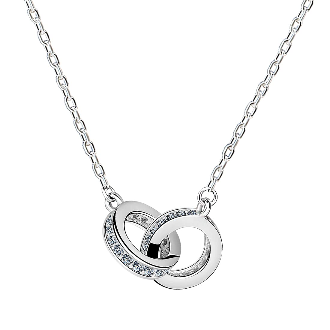 Yaneno Double Circle Necklace for Women 925 Sterling Silver CZ Zirconia Crystal Interlocking Infinity Pendant Necklace (White)