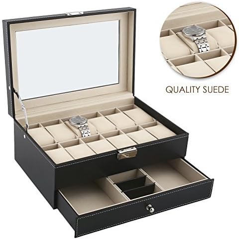 Allewie Jewelry Box Leather Jewelry Organizer Lockable with One Drawer Professional Watch Box Storage Glass Lid for Home and Travel - Black