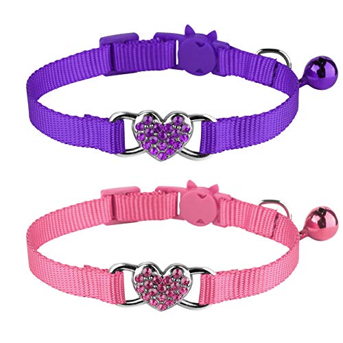 2 Pcs Cat Collars Heart Bling Breakaway with Bell Nylon Adjustable for Kitty (Pink+Purple)