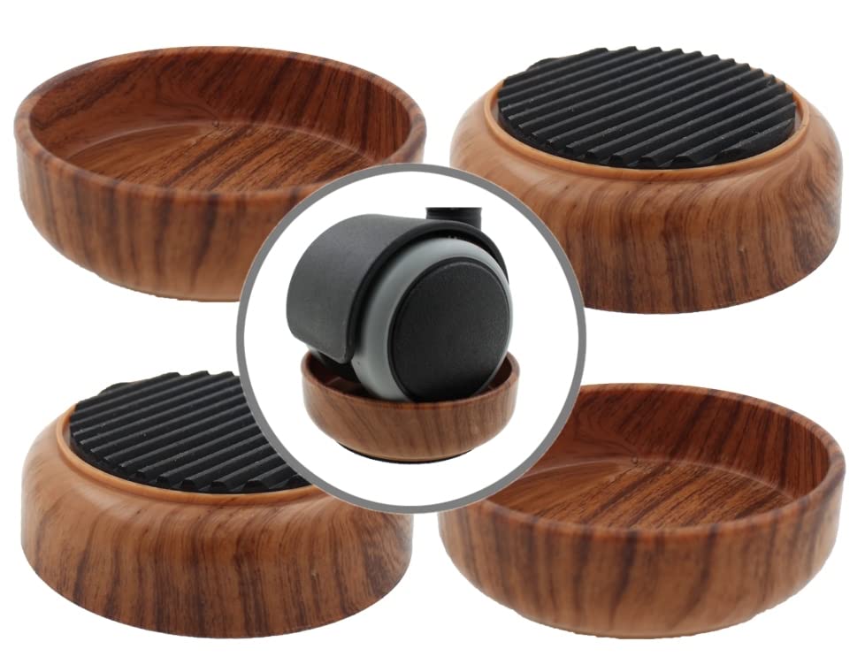 Lifeswonderful - 4x Rubber Base Dark Wood Effect Castor Cups - Non Slip - Protect Your Floors & Prevent Furniture from Moving or Rolling