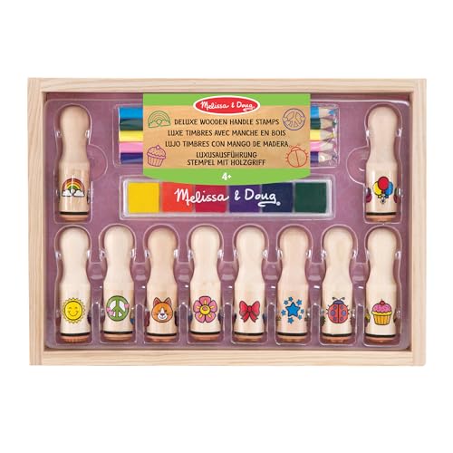 Melissa & Doug - Kreativ-Stempel-Set aus Holz, 16 Teile, Mit Buntstiften und Stempelkissen, Fuer Kinder ab 4 Jahren