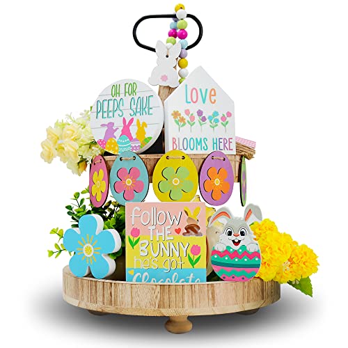 DSYSMIN 12 PCS Tiered Tray Decor Set Easter,Easter Decorations Incl.Wooden Bunny, Egg, Wood Bead with Tassel, Easter Egg Decoration Rustic for Easter Tiered Tray Items(Tray NOT Included)