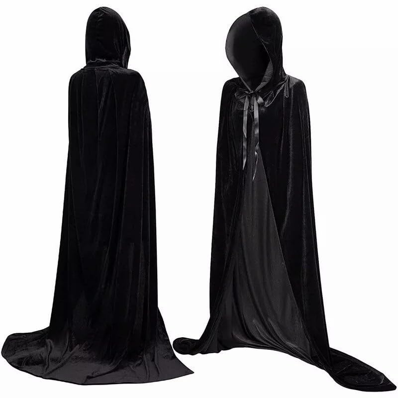 Halloween Hooded Velvet Cloak, Unisex Halloween Cape with Hood, Full Length Black Cloak for Adult Fancy Dress Costume (Black, 200CM)