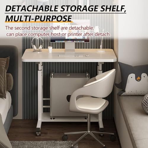 Home Office Desk, Height Adjustable Laptop Table with Shelf, Portable Small Computer Desk with Rolling Wheel, Modern Side Table for Work Study Reading,Stable and Durable, 80 * 40 * 60-90cm.