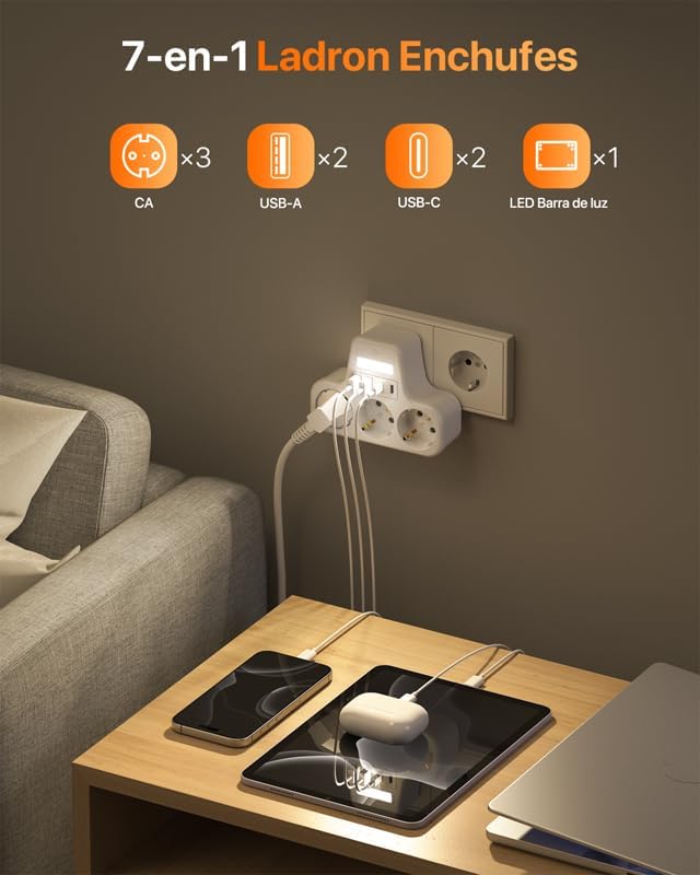 7 en 1 Regletas Enchufes 2 USB, Ladron Enchufes Plano con 2 USB C, 3 Tomas Ladrón Enchufes Multiples con LED, Triple Cargador Multiple 3680W, Regleta Pared para Oficina, Blanco — foto 5 de 8