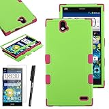 ZTE Grand X Max+ Plus Case, Luxca (Tm) Grand X Max+ Plus (ZTE Z987) Hybrid Heavy Duty Rugged Impact Advanced Armor Symbiosis Soft Silicone Cover Tuff Hard Robust Snap On Dynamic Case + Clear Lcd Screen Protector + Luxca (Tm) Stylus Pen (Pearl Green / Pink Tuff)