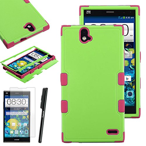 ZTE Grand X Max+ Plus Case, Luxca (Tm) Grand X Max+ Plus (ZTE Z987) Hybrid Heavy Duty Rugged Impact Advanced Armor Symbiosis Soft Silicone Cover Tuff Hard Robust Snap On Dynamic Case + Clear Lcd Screen Protector + Luxca (Tm) Stylus Pen (Pearl Green / Pink Tuff)