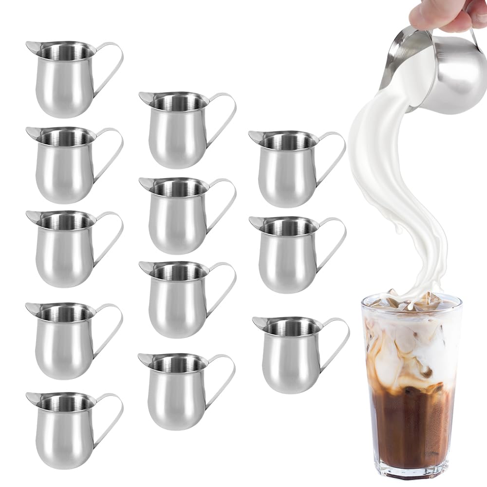 12 PCS Small Milk Jug, XPJBKC 90 ml Stainless Steel Milk Jugs, Gravy J UG with Handle, Milk Frothing jug, Metal Small Sugar Pot, Mini M Ilk Pouring Creamer Pitcher for Coffee Sauces