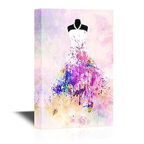 Canvas Wall Art - White Wedding Dress with Color Splash on Watercolor Background - Gallery Wrap Modern Home Art | Ready to Hang - 12x18 inches
