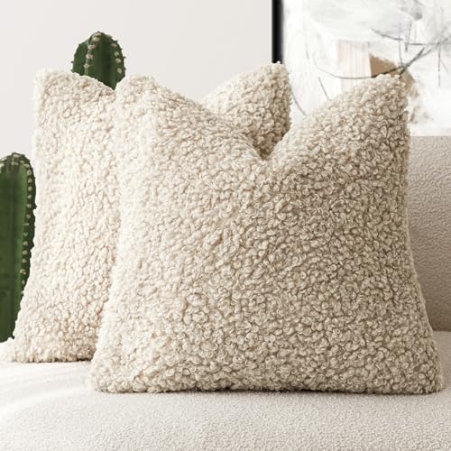Foindtower Pack of 2 Decorative Plush Fluffy Pillow Covers Fur Effect Cushion Covers for Bed Sofa Living Room 20x20 Inch Light Khaki