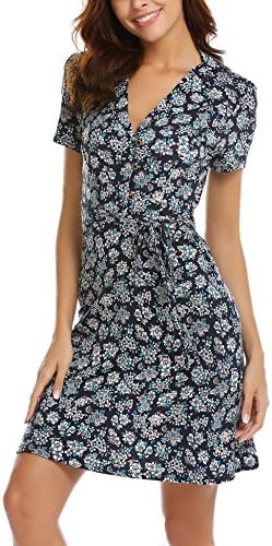 Pasttry Women's Lapel Short Sleeve Floral Button Front Slim Fit Casual A-Line Swing Dress Large