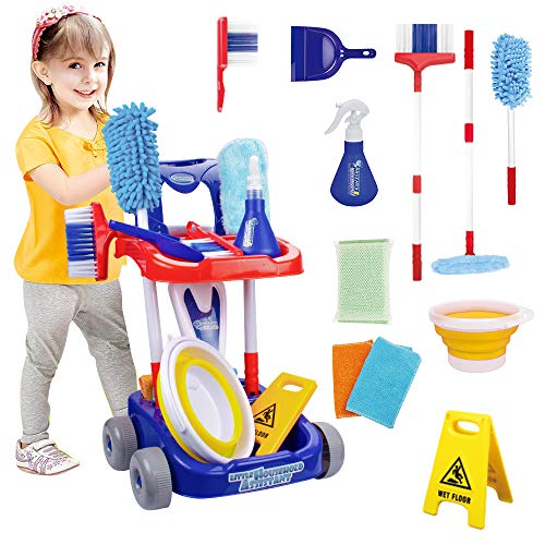 UNIH 12 Pieces of Kids Cleaning Set, Cleaning Stroller Toy, Detachable Toy Cleaning Kit